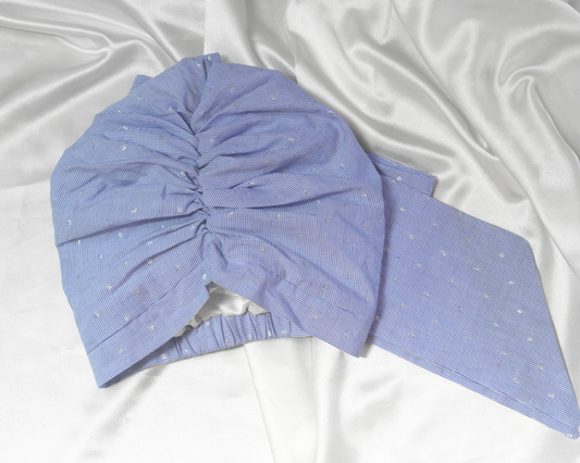 Blue and white striped cotton turban with small metallic scale details