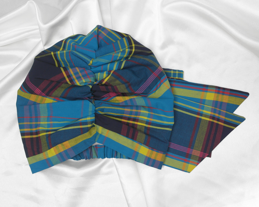 Blue plaid, satin-lined premium turban