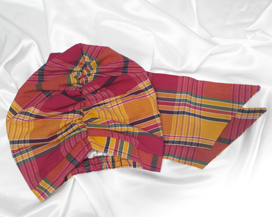 Yellow and pink plaid, satin-lined turban